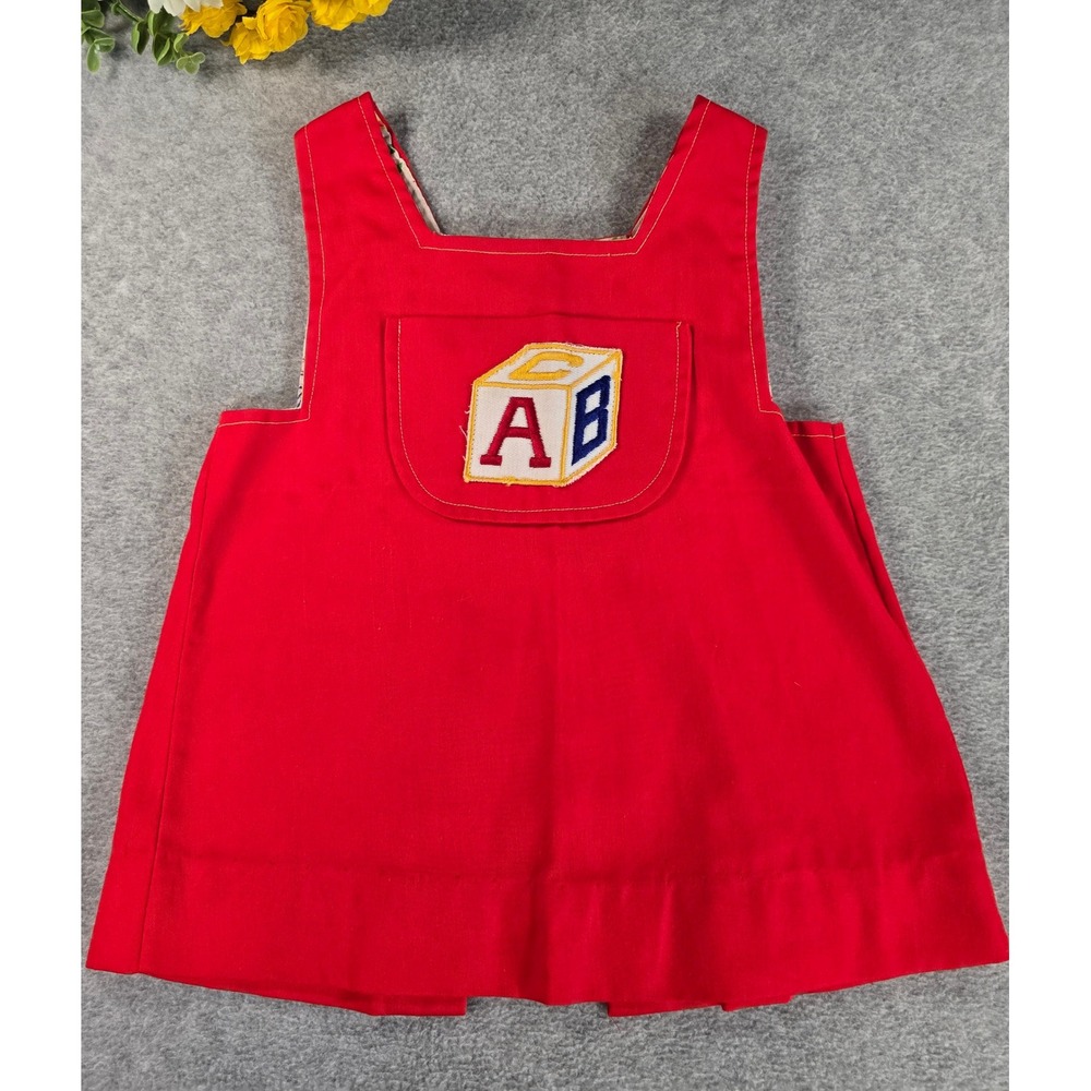 Vintage 70s Bryan Jumper Dress Red ABC Block Sleeveless Primary Colorful 2T